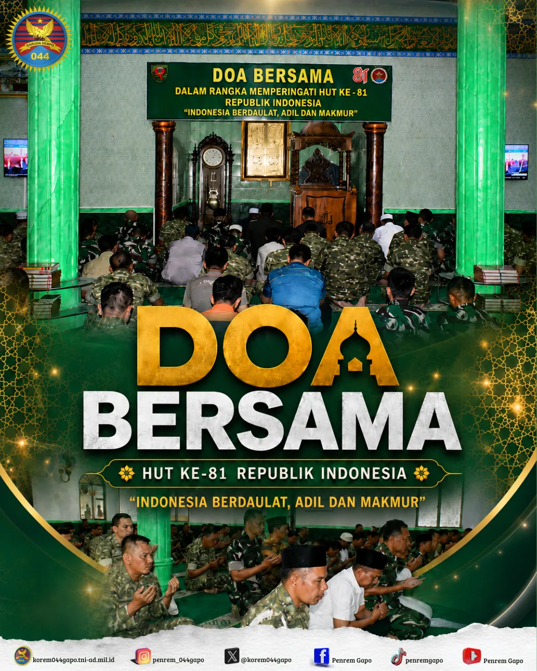 Doa Bersama untuk Kemerdekaan Bangsa dan Negara, Danrem 044/Gapo Ajak Prajurit Panjatkan Syukur dan Harapan