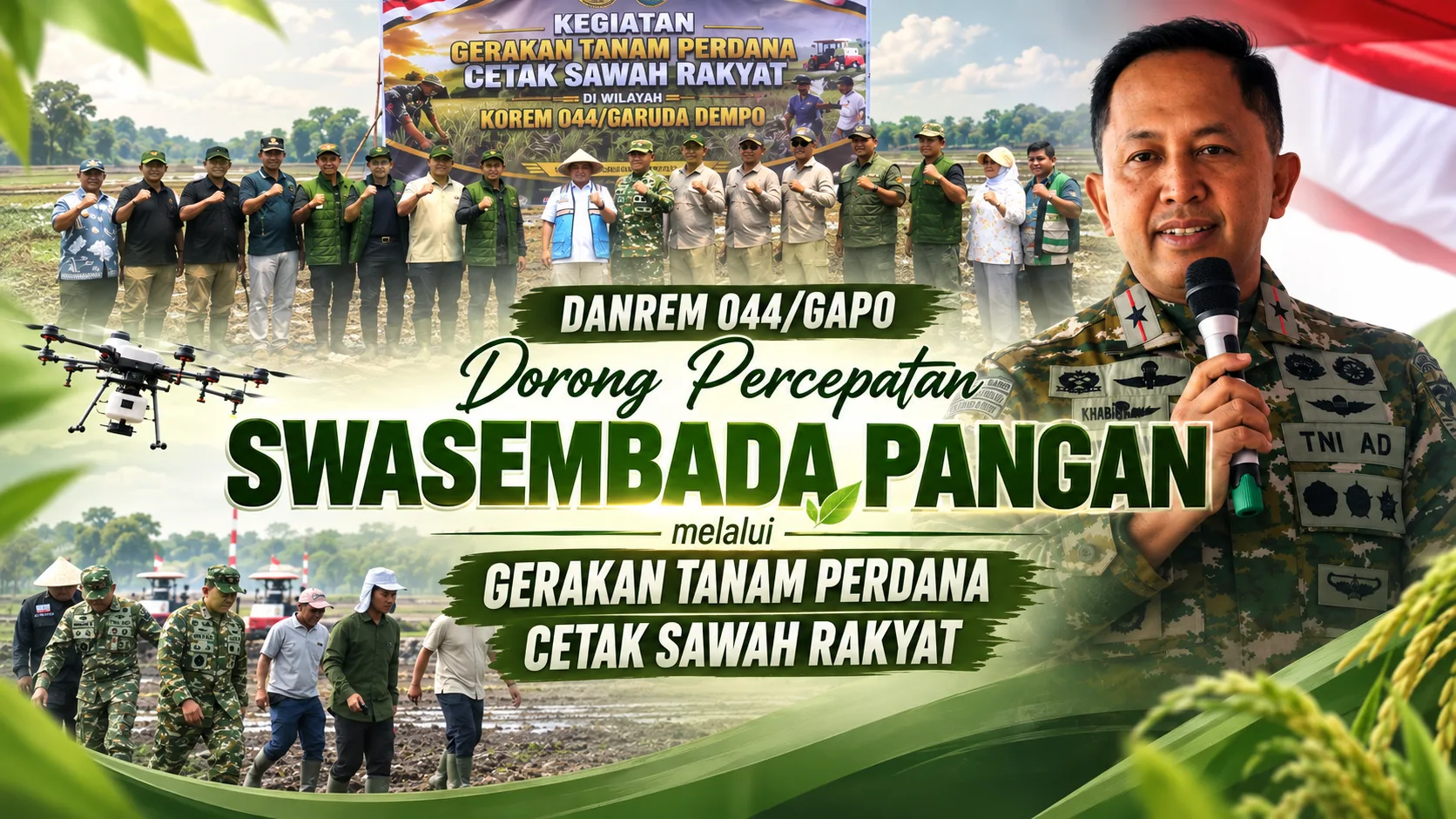 Danrem 044/Gapo Dorong Percepatan Swasembada Pangan melalui Gerakan Tanam Perdana Cetak Sawah Rakyat di OKI